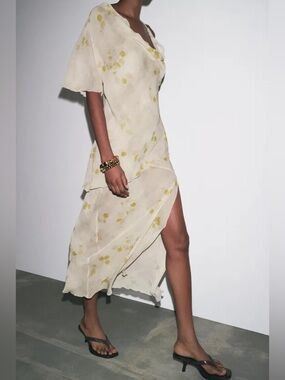 ZARA delicate floral print one-shoulder cape dress